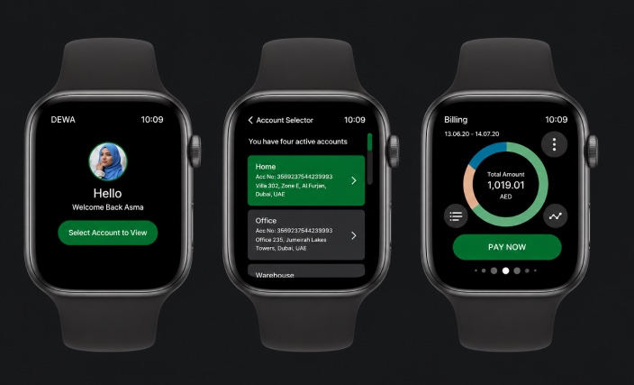 DEWA smartwatch — billing and account screens